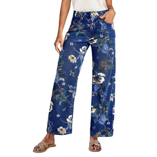 Damen Weit geschnittene Jeans mit floralem Druck und hohem Bund EB