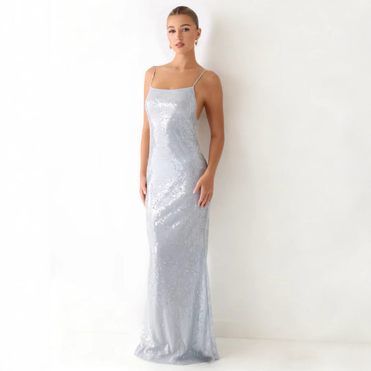 Damen Glamouröses Pailletten-Maxikleid mit schmalem Schnitt und feinen Spaghettiträgern EB