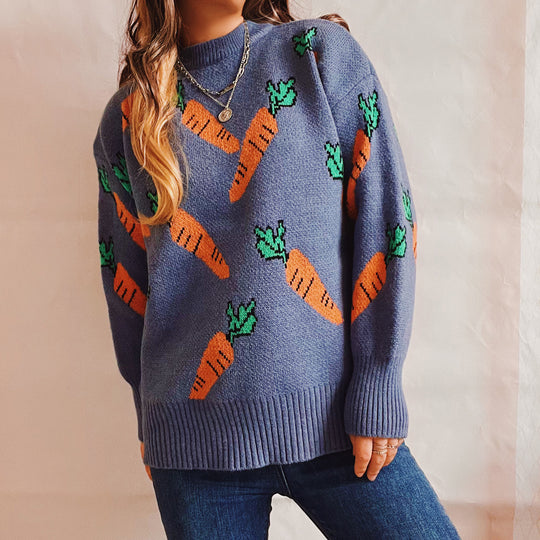 Damen lässiger Pullover mit buntem Karottenmotiv EB