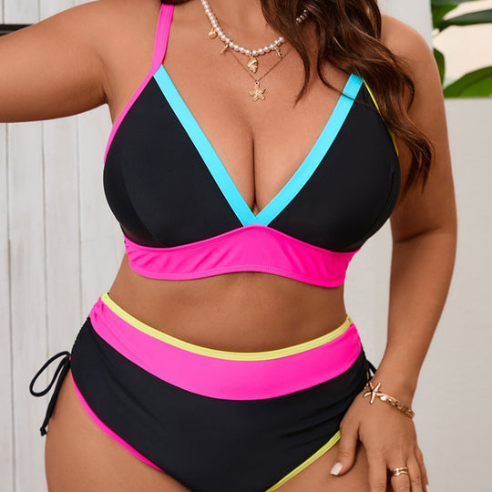 Damen Sportliches Bikini-Set mit hoch taillierten Höschen und modischem Farbkontrast EB