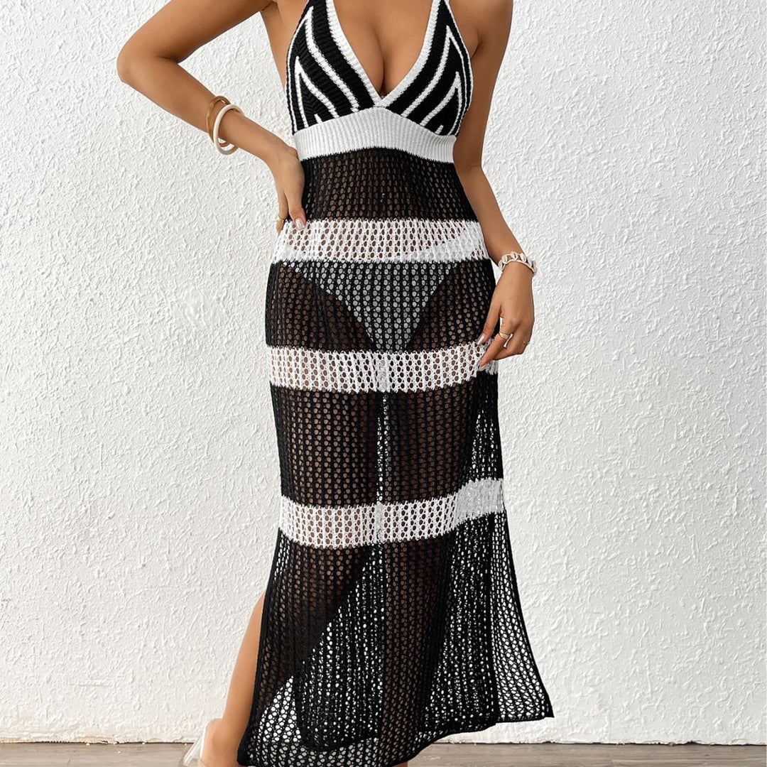 Damen gehäkelter Strandüberwurf mit stilvollem V-Ausschnitt und eleganten Streifendetails EB