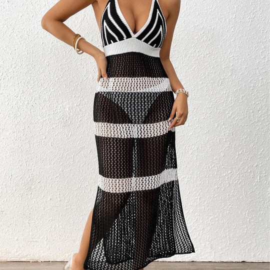 Damen gehäkelter Strandüberwurf mit stilvollem V-Ausschnitt und eleganten Streifendetails EB