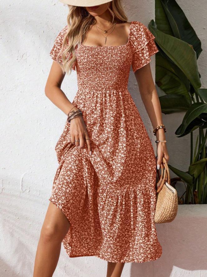 Damen Off-Shoulder Maxikleid mit floralen Mustern und elastischem Oberteil EB
