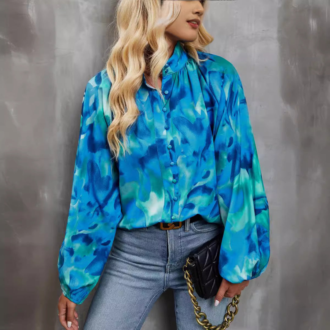 Damen Bluse mit buntem Floral-Print und Schluppenkragen EB