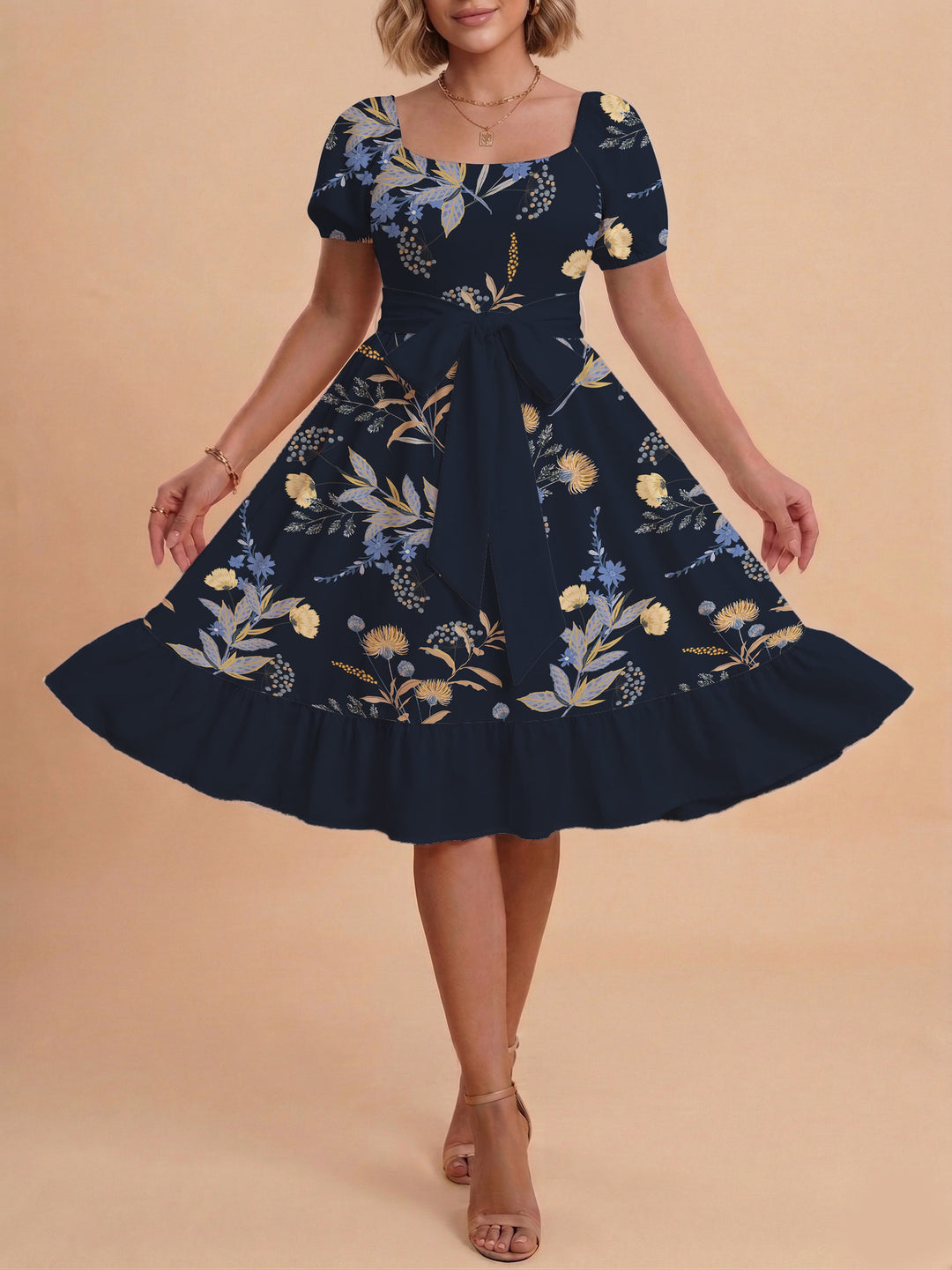 Damen Midi Kleid mit elegantem Blumendruck und tailliertem Gürtel EB