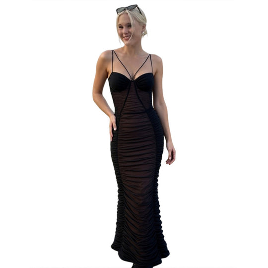 Damen Figurbetontes Maxikleid mit raffinierten Rüschen und Spaghettiträgern EB