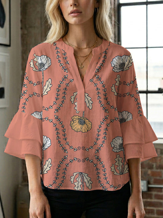 Damen Bluse mit voluminösen Rüschenärmeln und kreativem Floraldesign EB