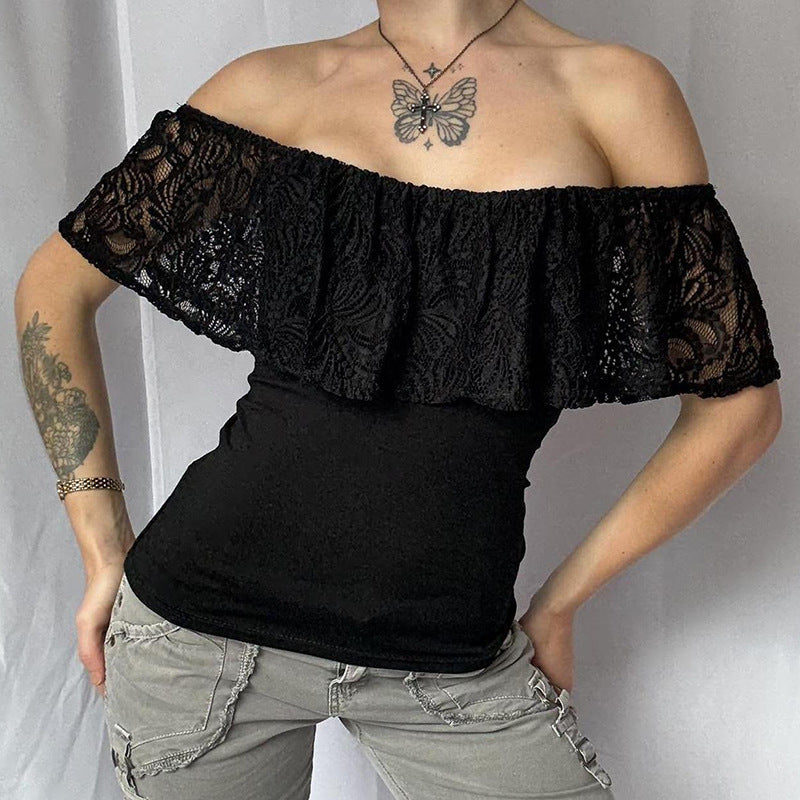 Damen Off-Shoulder Oberteil mit Rüschendetails und eleganten Spitzenakzenten EB