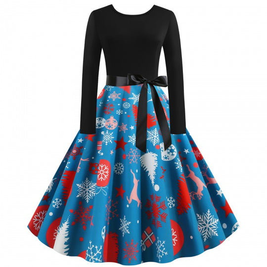 Damen Vintage‑inspirertes Swingkleid mit tailliertem Oberteil, langen Ärmeln und festlichem Tellerrock EB