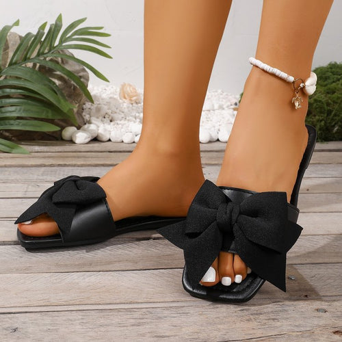 Damen elegante Zehentrenner-Pantoletten mit modischem Schleifen-Detail EB