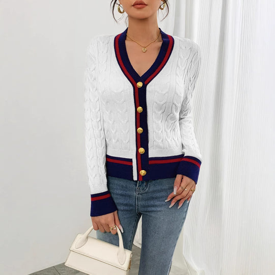 Damen modischer Kabelstrick-Cardigan mit zweifarbigem Abschluss EB