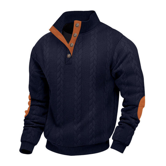 Herren nan Zopfmuster-Pullover mit Stehkragen, halber Knopfleiste und Ellbogenpatches EB