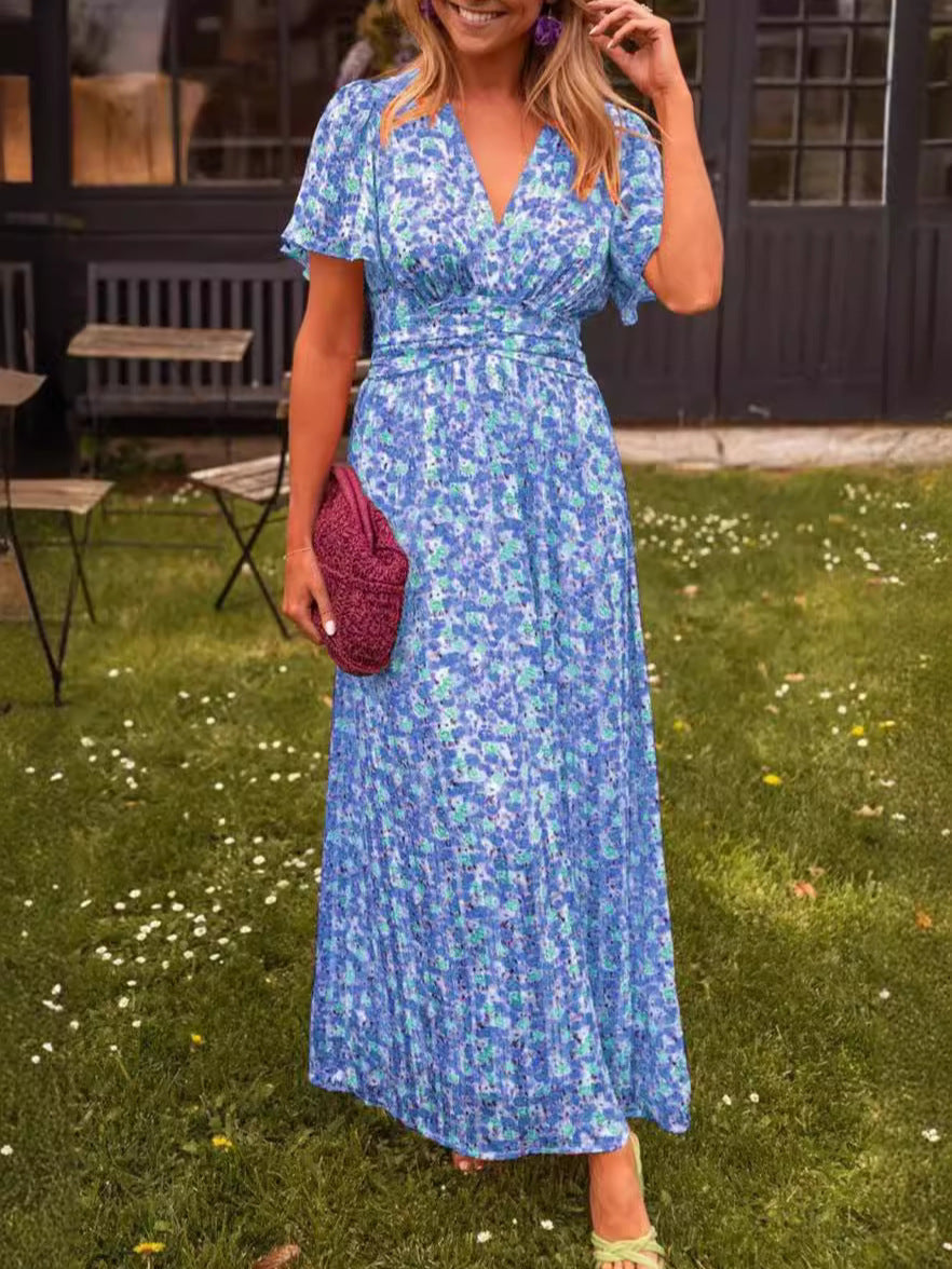 Damen Maxikleid mit floraler Raffung und V-Ausschnitt EB