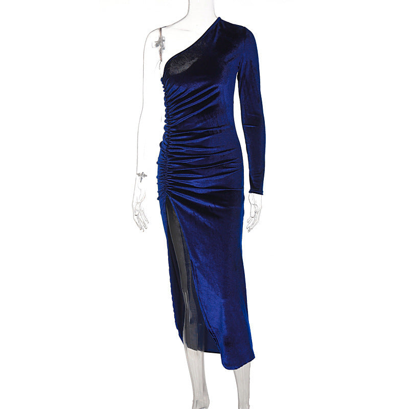 Damen stilvolles Ein-Schulter-Kleid mit Raffungen und Schlitz EB