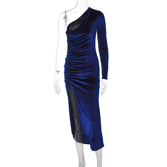 Damen stilvolles Ein-Schulter-Kleid mit Raffungen und Schlitz EB