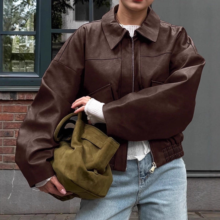 Damen Kunstlederjacke im leicht Oversized-Schnitt mit praktischen Taschen und elastischer Taille EB