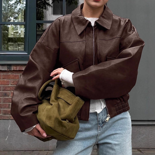 Damen Kunstlederjacke im leicht Oversized-Schnitt mit praktischen Taschen und elastischer Taille EB