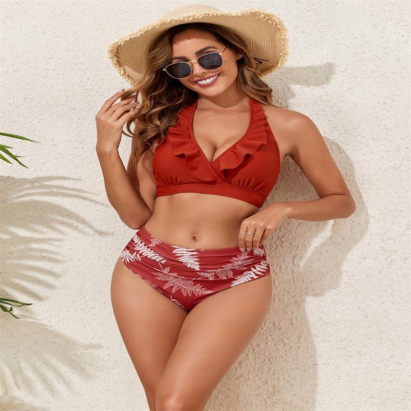 Damen Bikini-Set mit Volant-Top und hochgeschnittenem Slip EB