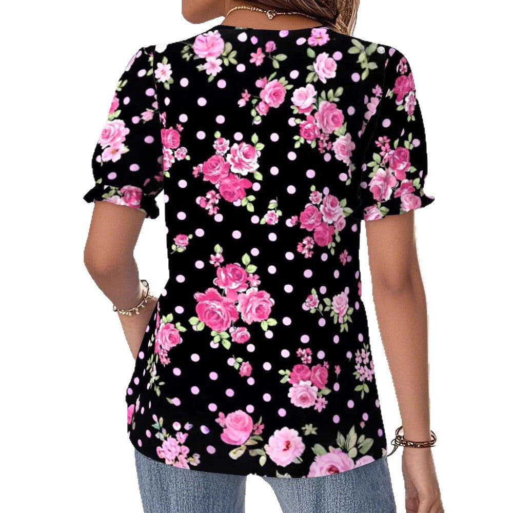 Damen nan V-Ausschnitt-Bluse mit Spitzenborte, Puffärmeln und floralem Punktmuster EB