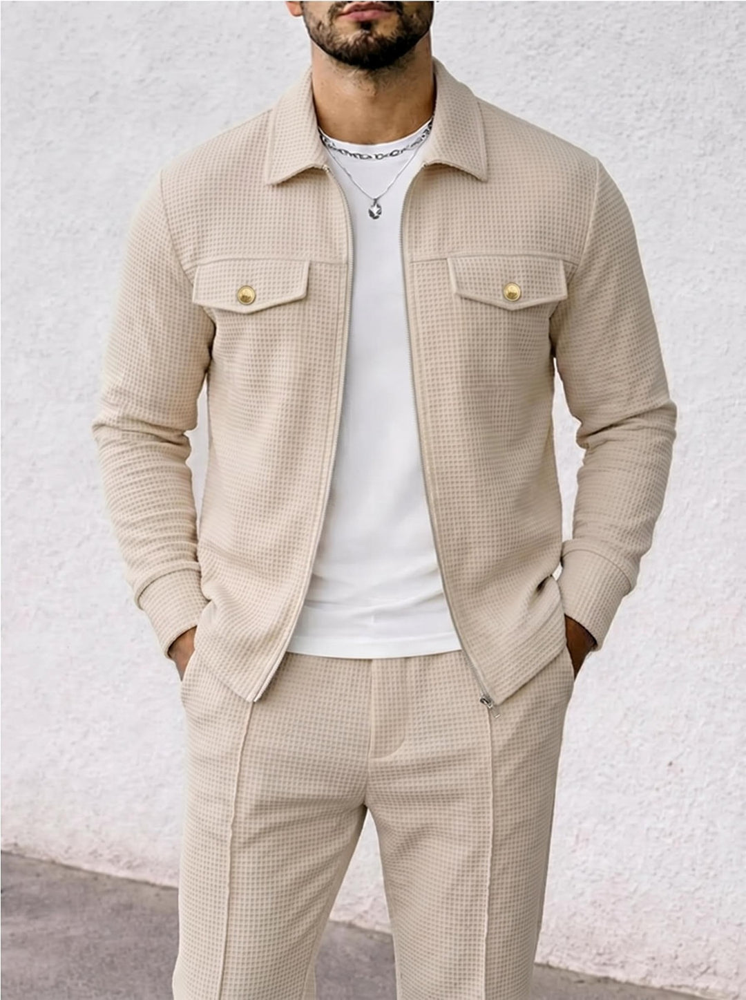 Herren nan strukturierte Overshirt-Jacke mit Waffelstruktur, Pattentaschen und verdecktem Reißverschluss EB
