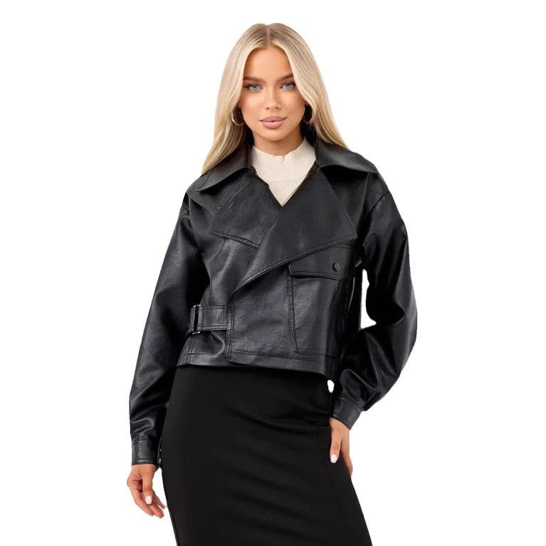 Damen Cropped Bikerjacke aus Kunstleder mit oversized Schnitt und strukturierten Details EB