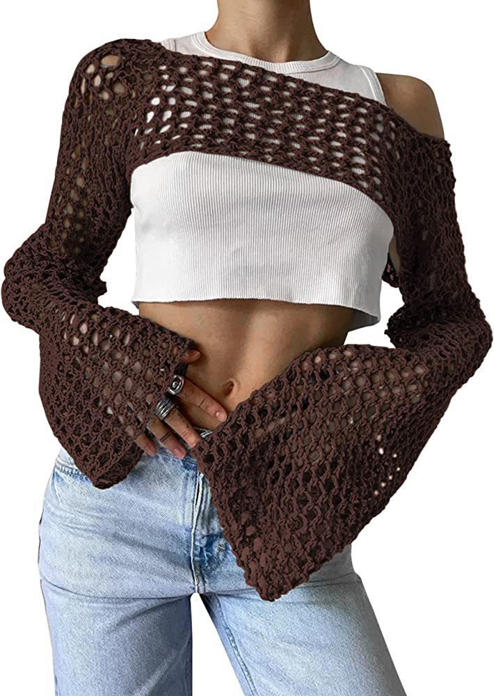 Damen gehäkeltes Langarm-Top mit Off-Shoulder-Design EB