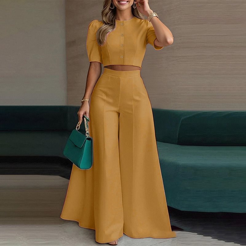Damen elegantes kurzes Oberteil mit Puffärmeln und hochgeschnittenen Palazzo-Hosen EB