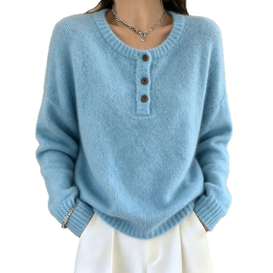 Damen Kuscheliger Rundhals-Henley-Pullover mit Knopfleiste und Raglanärmeln EB