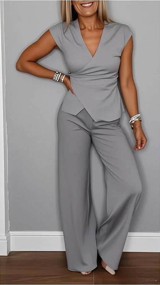 Damen elegantes Wickeloberteil mit weit geschnittenen Hosen EB
