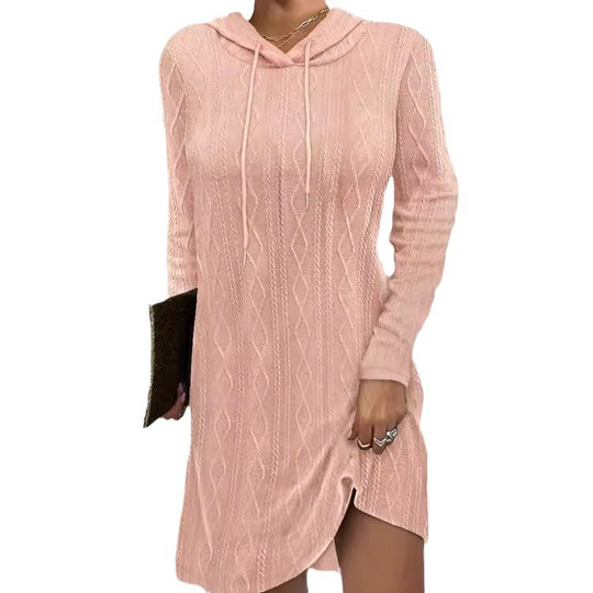Damen Strickkleid mit Kapuze und seitlichen Schlitzen EB