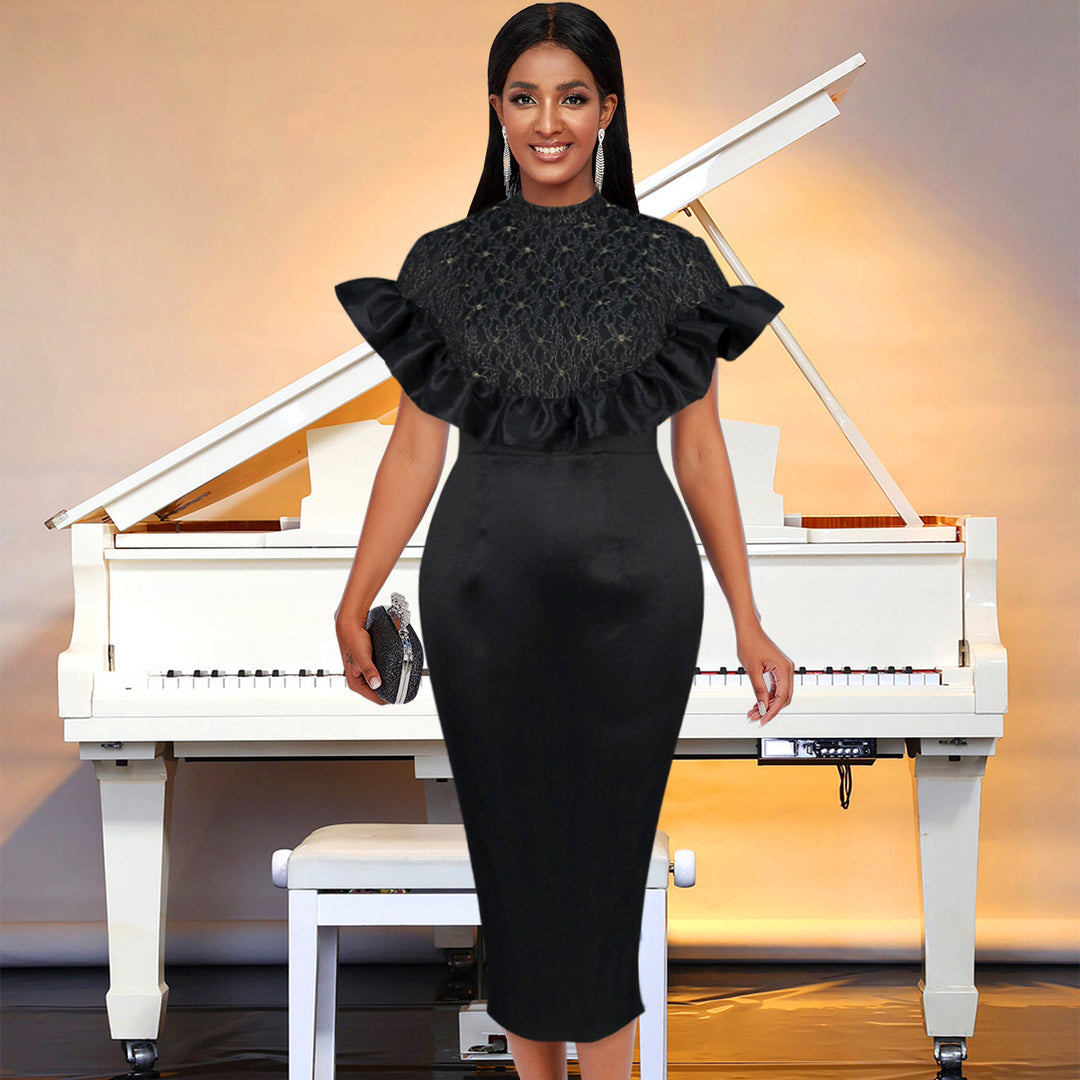 Damen Elegantes Kleid mit Spitzenoberteil und voluminösen Rüschen EB