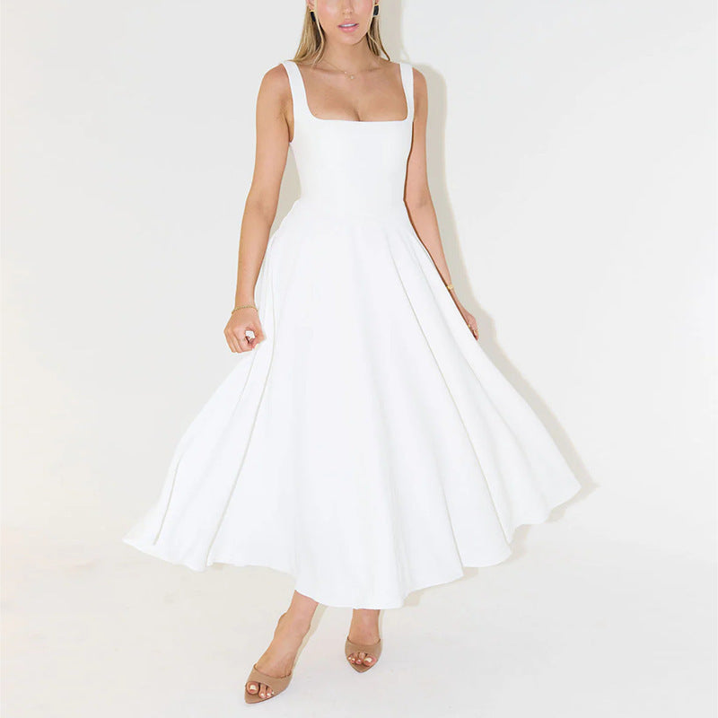 Damen A-Linien Maxikleid mit quadratischem Ausschnitt und fließendem Stoff EB