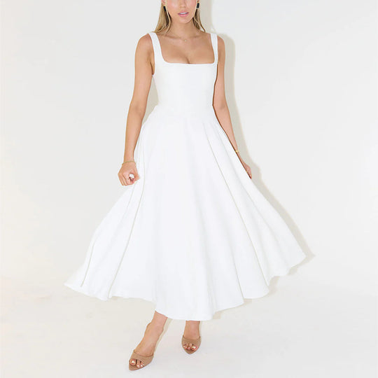 Damen A-Linien Maxikleid mit quadratischem Ausschnitt und fließendem Stoff EB