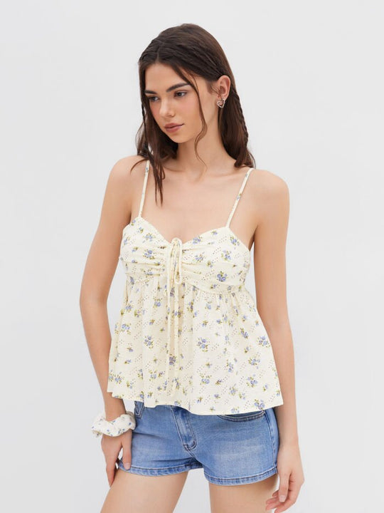 Damen blumiges Sommeroberteil mit dekorativem Kordelzug EB