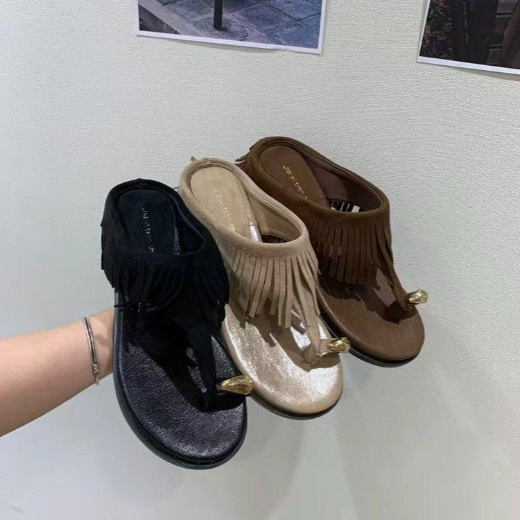 Damen elegante Flip-Flops mit fransiger Lederoptik und komfortablem Fußbett EB