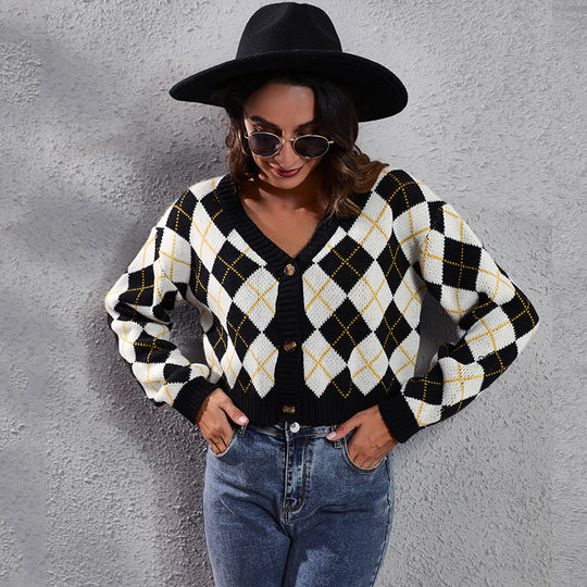 Damen Modischer Karodeckpullover mit tiefem V-Ausschnitt und eleganten Knopfdetails EB