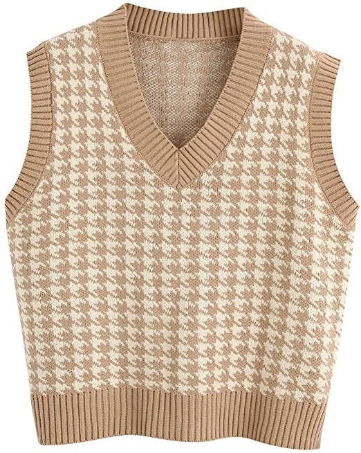 Damen ärmellose Strickweste mit modernem Hahnentrittmuster EB