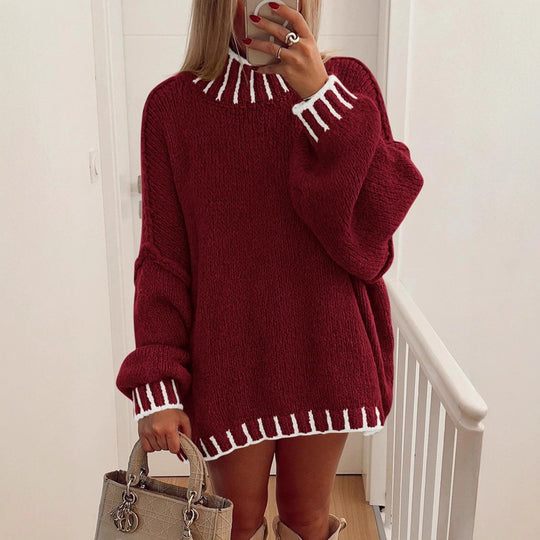 Damen lässiger Grobstrickpullover mit modernem Streifenmuster EB