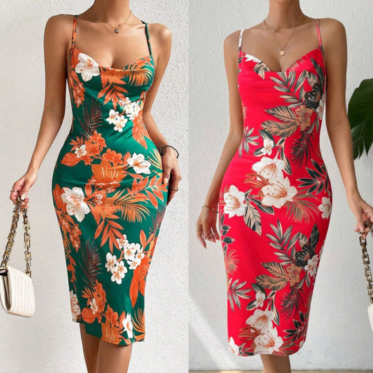Damen Sommerliches Etuikleid mit floralem Design und Spaghetti-Trägern EB