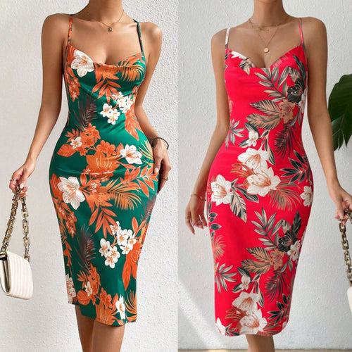 Damen Sommerliches Etuikleid mit floralem Design und Spaghetti-Trägern EB