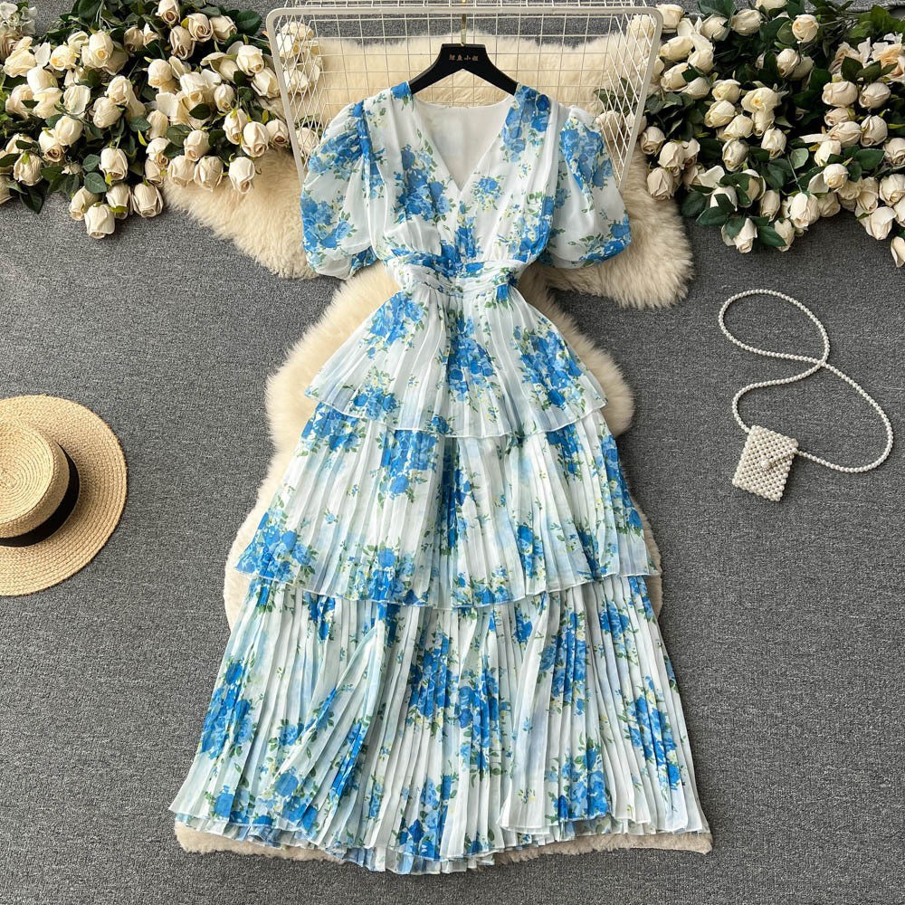 Damen Maxi-Kleid mit voluminösen Rüschendetails und floralem Design EB