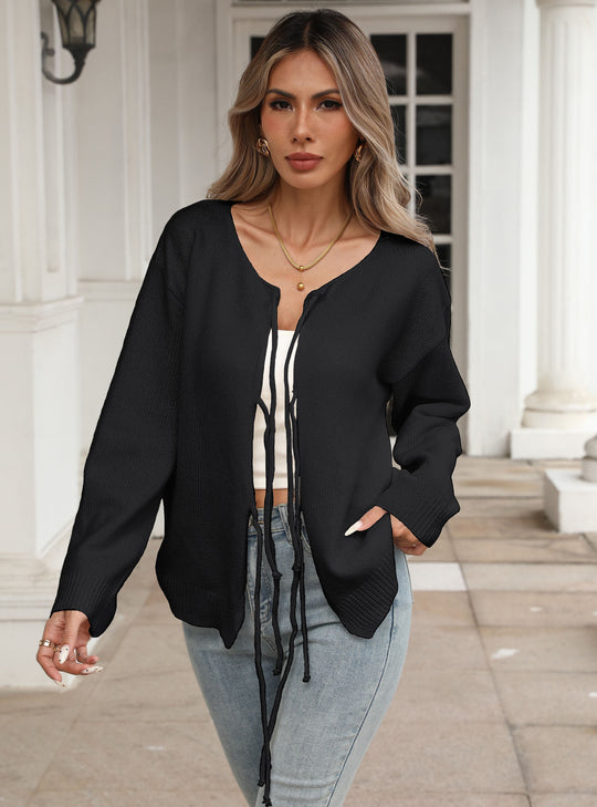 Damen lockere Strickjacke mit Tunnelzug EB