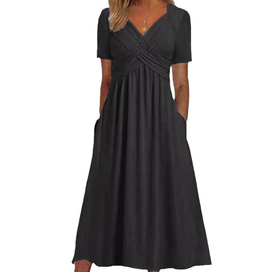 Damen nan luftiges Midikleid mit V-Ausschnitt Wickeloptik Empire-Taille und Taschen EB