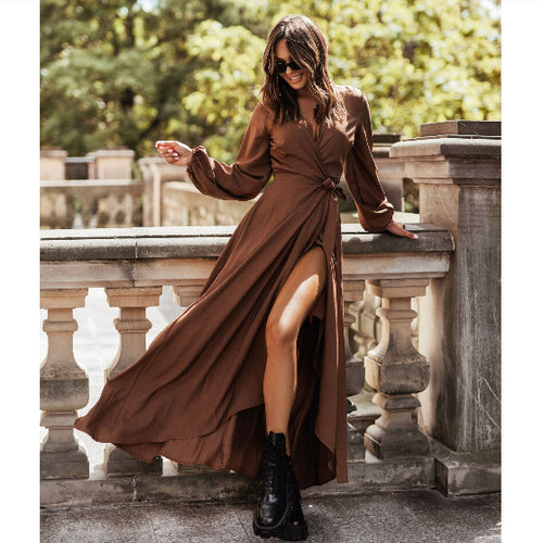 Damen Langärmliges Maxikleid mit Taillengürtel und eleganten Rüschendetails EB