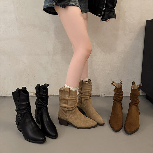 Damen Cowboy-Stiefel mit modischem Falten-Design und komfortablem Blockabsatz EB