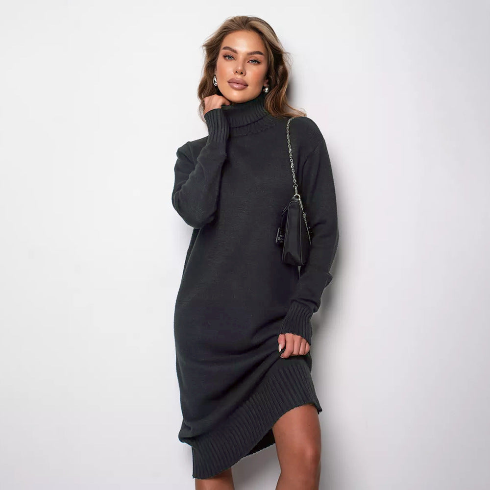 Damen Strickkleid mit Stehkragen und seitlichen Schlitzen EB