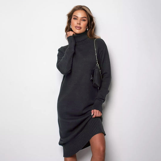 Damen Strickkleid mit Stehkragen und seitlichen Schlitzen EB