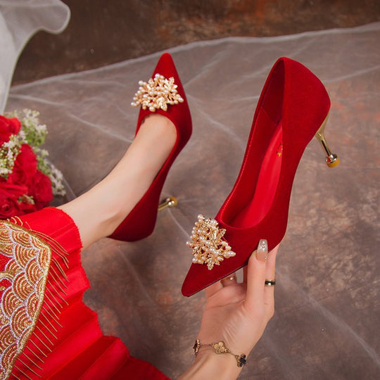 Damen elegante Velours-Pumps mit luxuriösem Perlen-Schmuckdetail EB