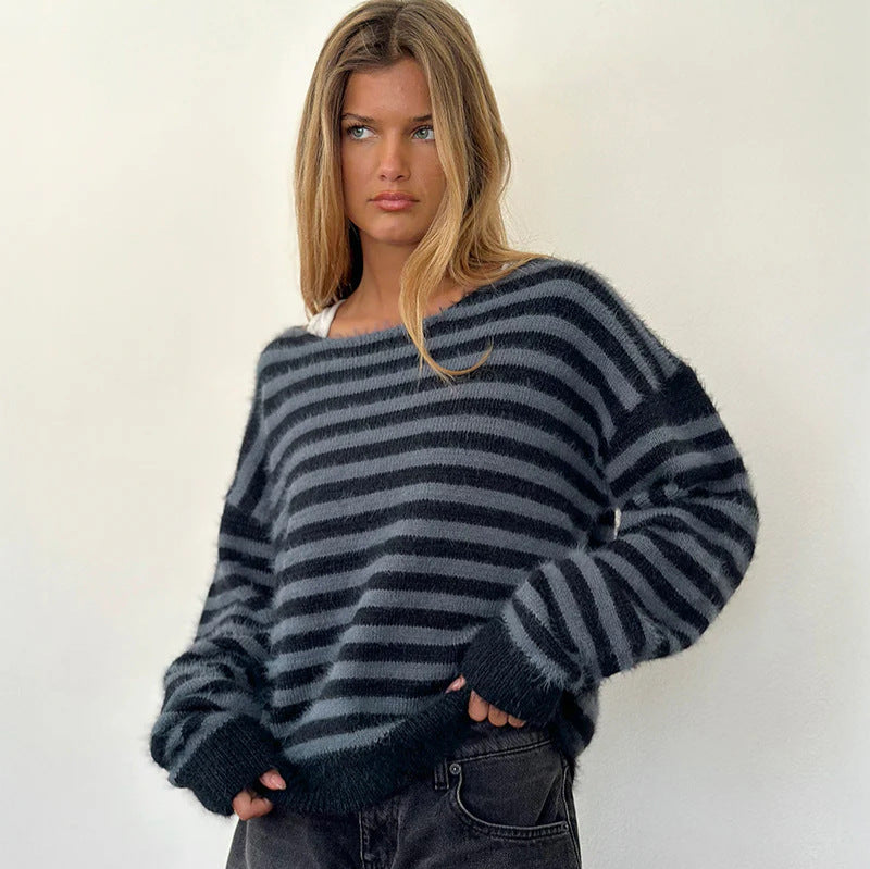 Damen modischer gestreifter Pullover mit lockerer Passform EB