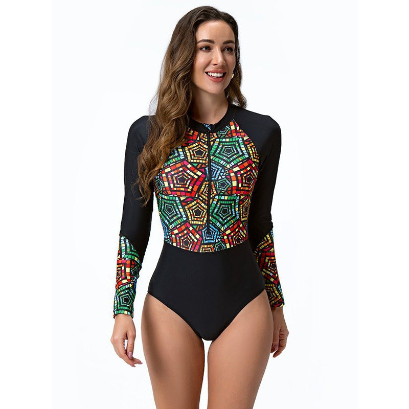 Damen Langarm-Surfanzug mit stylischem Reißverschluss und buntem Muster EB